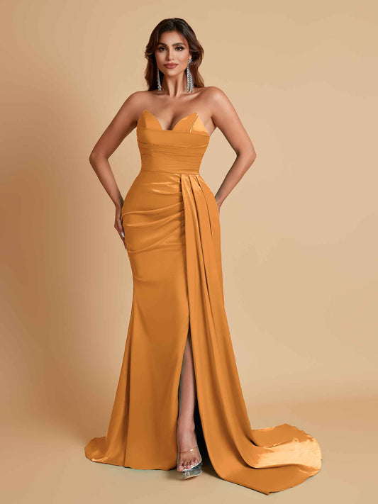 Gorgeous Strapless Soft Satin Side Slit Floor-Length Mermaid Bridesmaid Dresses
