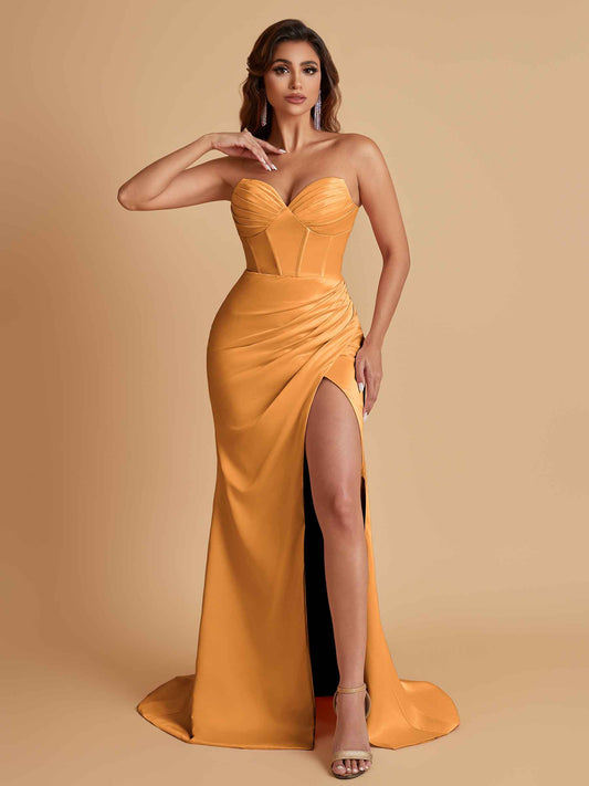 Elegant Soft Satin Mermaid V-neck Side Slit Floor-Length Bridesmaid Dresses Online
