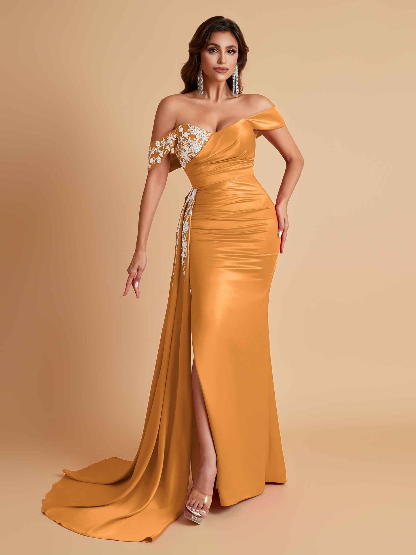 Elegant Soft Satin Mermaid Off Shoulder Floor-Length Mermaid Bridesmaid Dresses