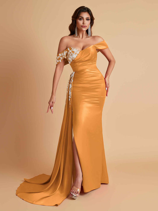 Elegant Soft Satin Mermaid Off Shoulder Floor-Length Mermaid Bridesmaid Dresses
