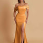 Elegant Soft Satin Mermaid Off Shoulder Asymmetrical Side Slit Floor-Length Bridesmaid Dresses