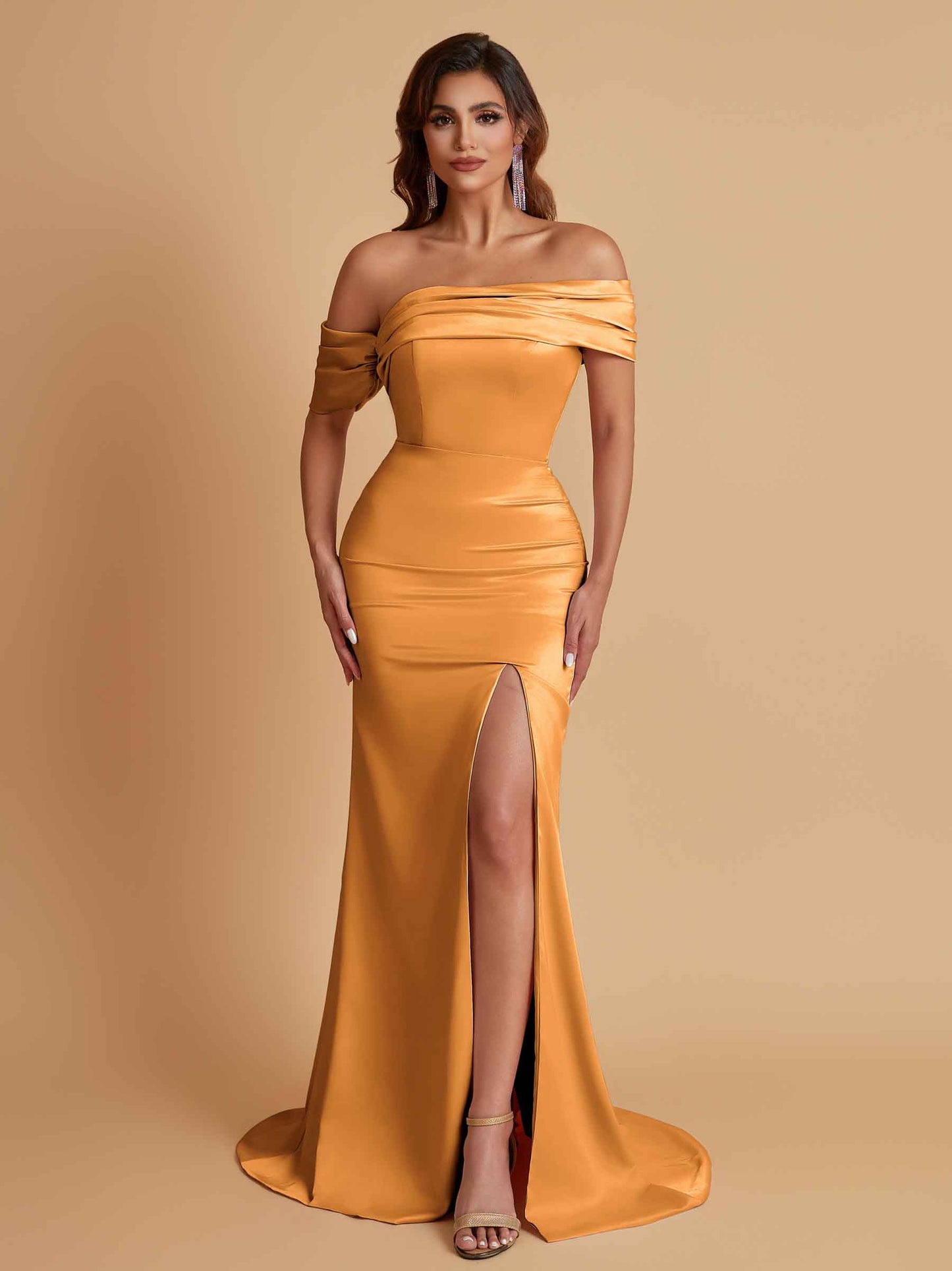 Elegant Soft Satin Mermaid Off Shoulder Asymmetrical Side Slit Floor-Length Bridesmaid Dresses