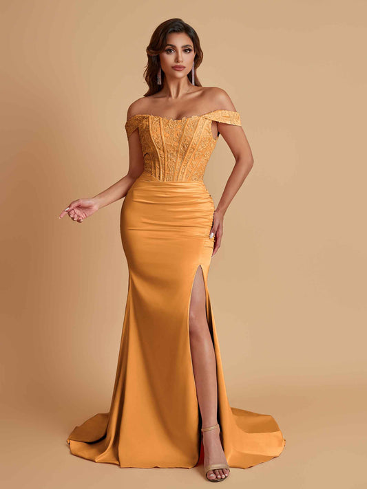 Elegant Soft Satin Mermaid Off Shoulder Side Slit Floor-Length Mermaid Bridesmaid Dresses