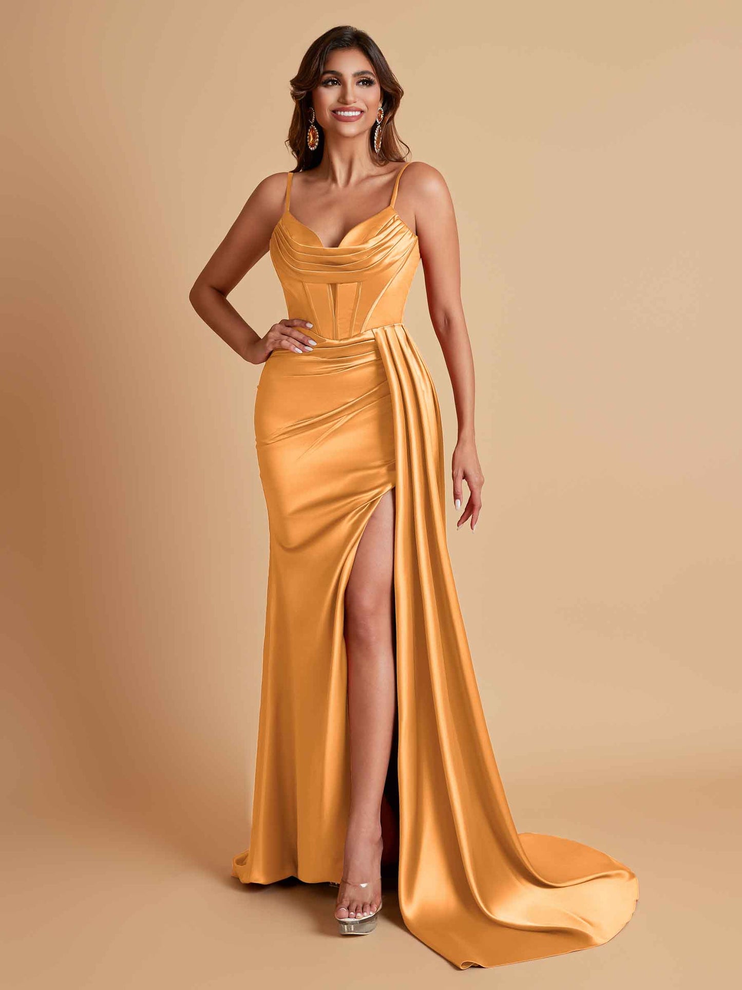 Sexy Soft Satin V-neck Spaghetti Strap Side-Slit Mermaid Bridesmaid Dresses