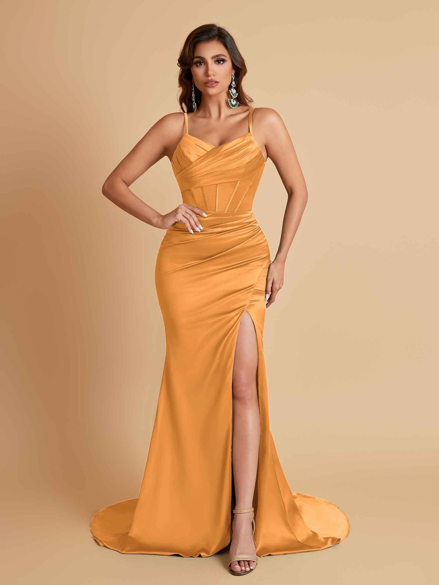 Sexy Spaghetti Straps V Neck Soft Satin Side Slit Floor-Length Mermaid Bridesmaid Dresses