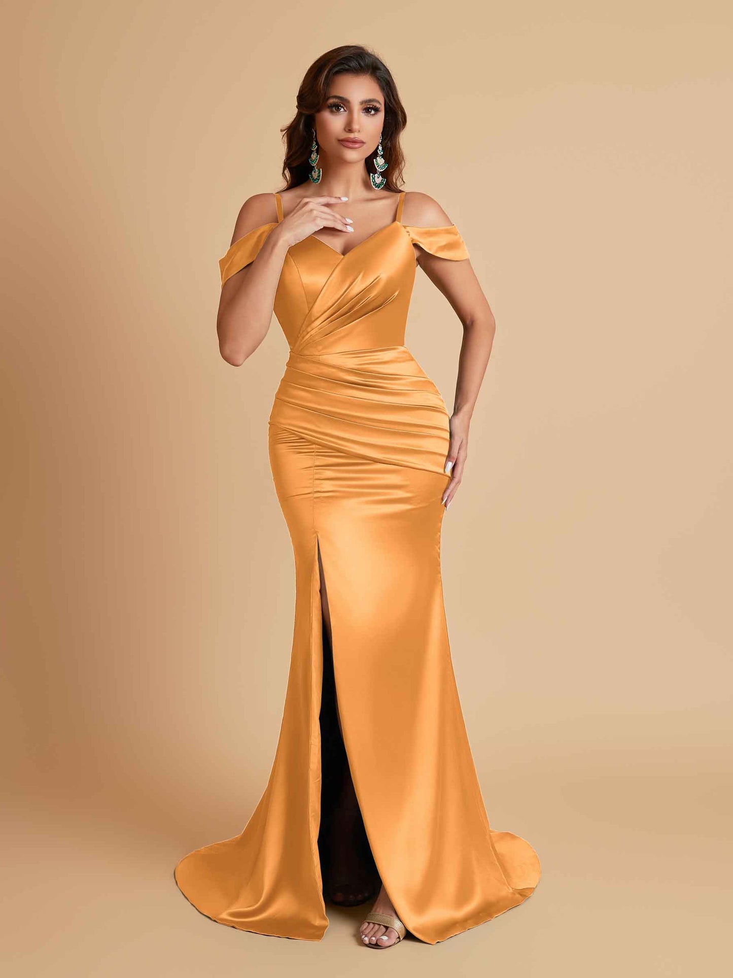 Sexy Soft Satin Mermaid Off Shoulder Side Slit Floor-Length Mermaid Bridesmaid Dresses