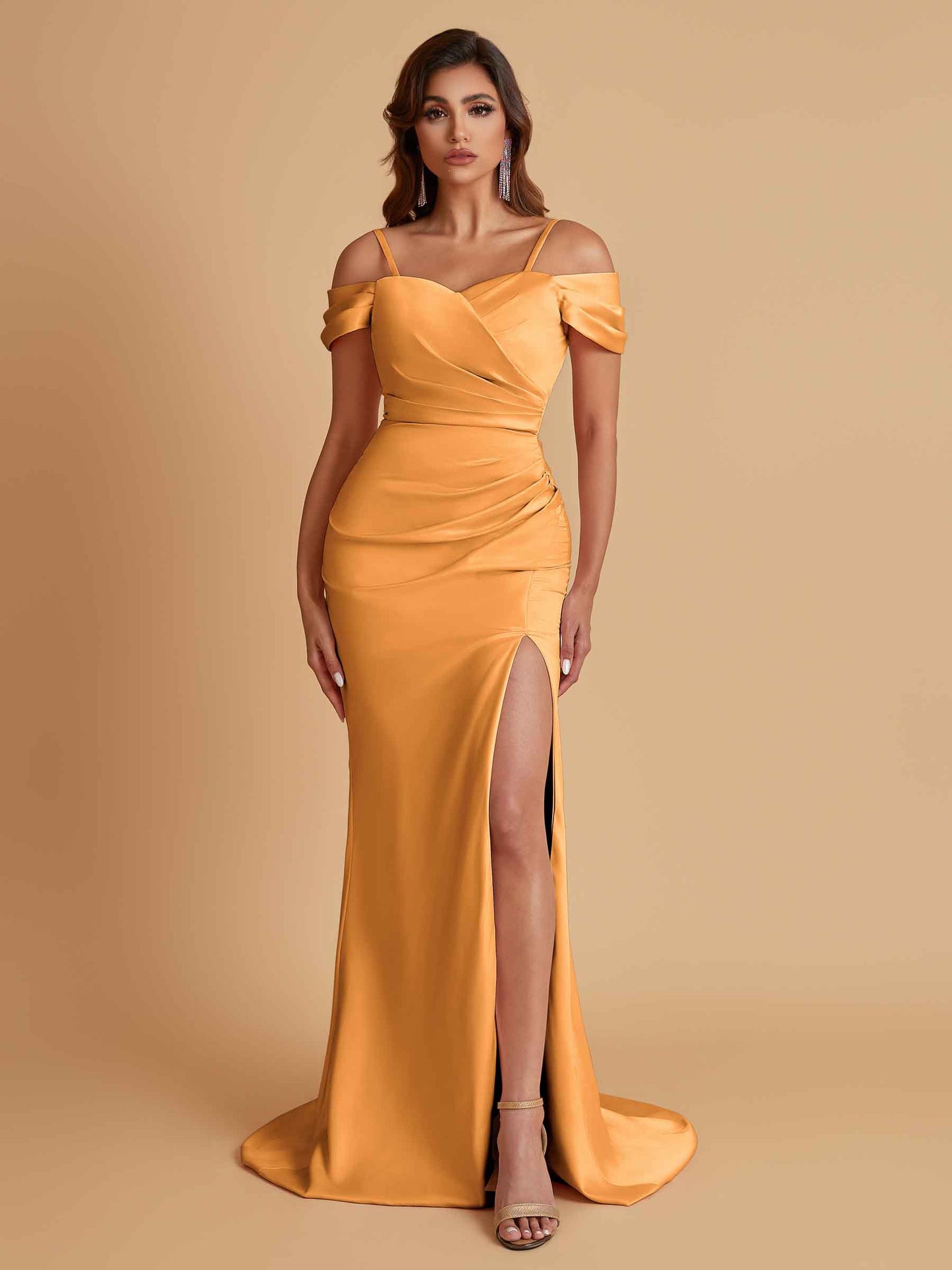 Sexy Soft Satin Mermaid Cold Shoulder Side Slit Floor-Length Bridesmaid Dresses Online