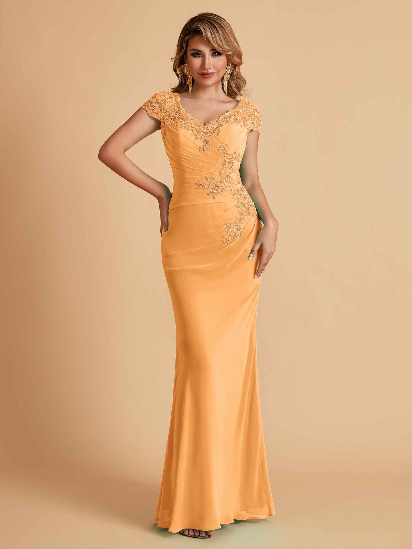 Elegant Mermaid Chiffon Cap Sleeves V-Neck Mother of the Brides Dresses Online
