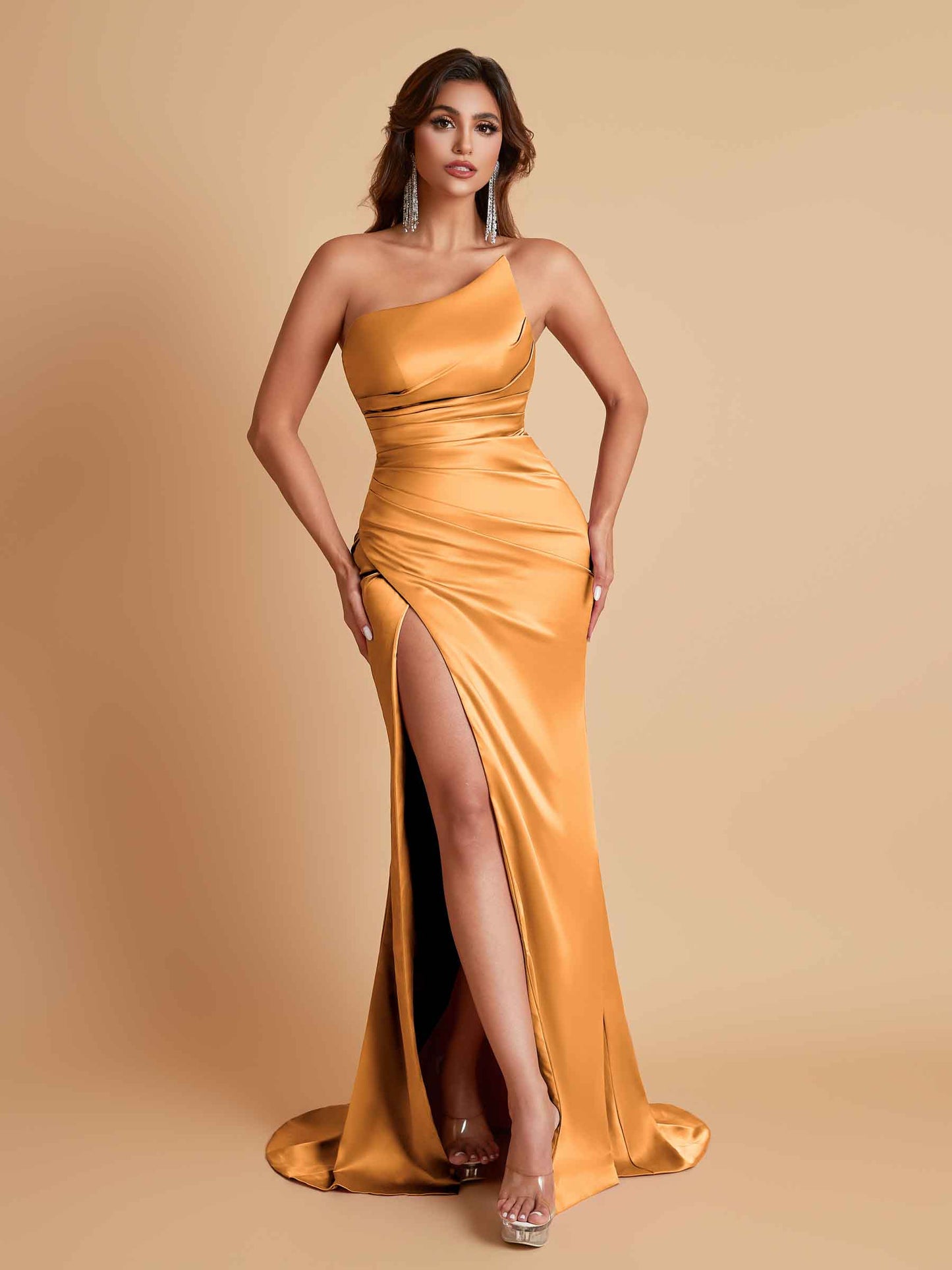 Gorgeous Strapless Soft Satin Side Slit Floor-Length Mermaid Bridesmaid Dresses
