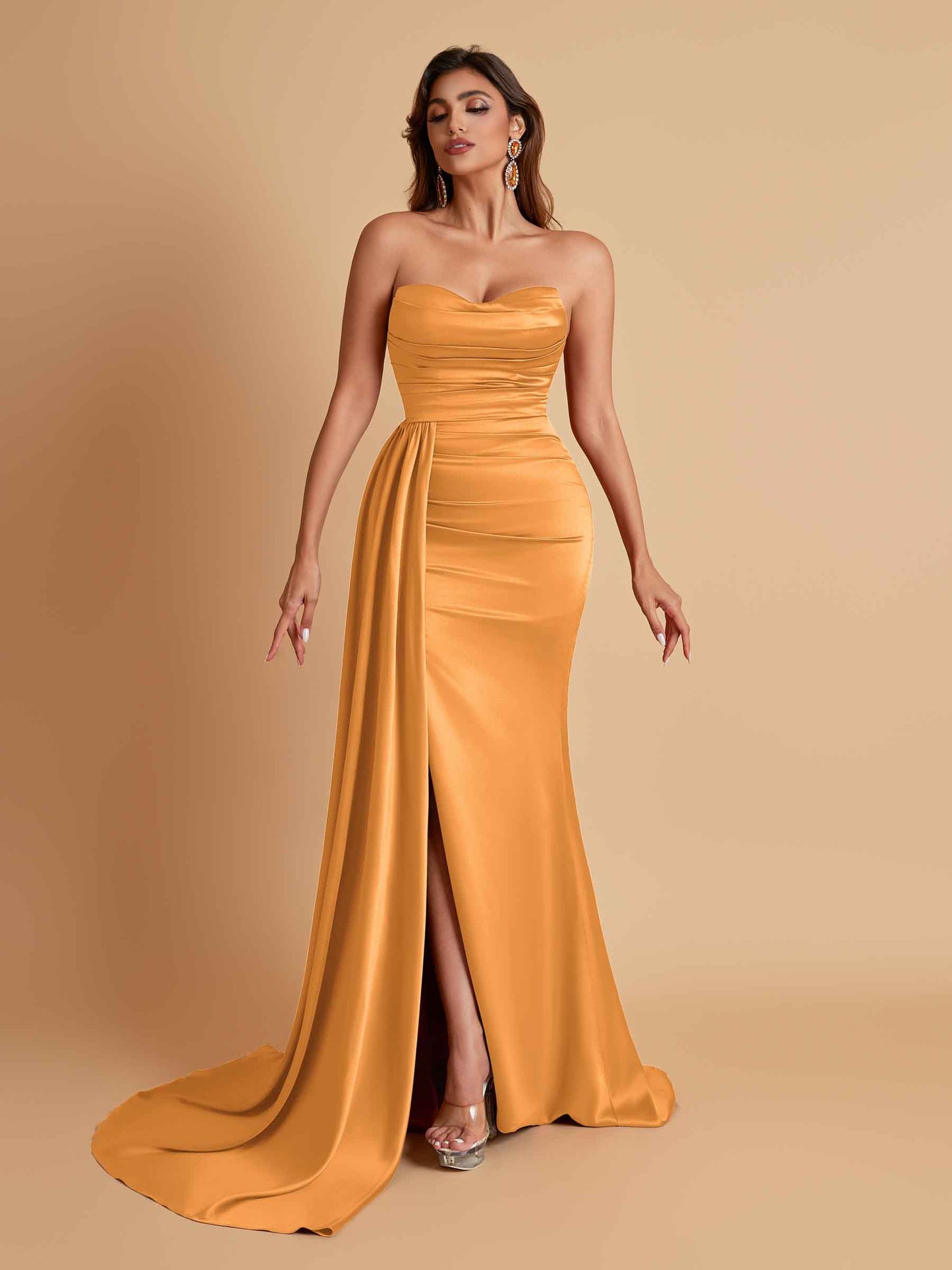 Elegant Soft Satin Sweetheart Strapless Side-Slit Mermaid Bridesmaid Dresses