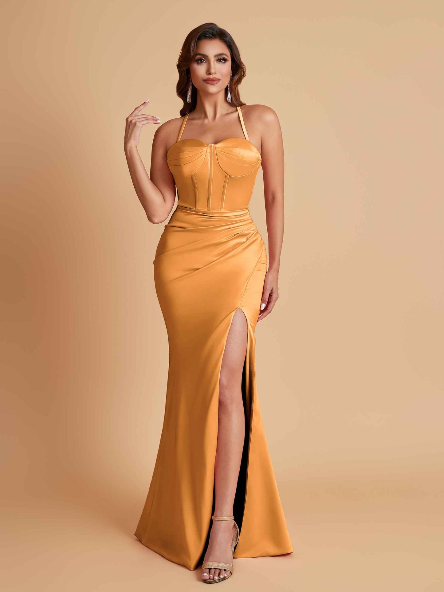 Sexy Soft Satin Mermaid Spaghetti Straps Side Slit Floor-Length Bridesmaid Dresses