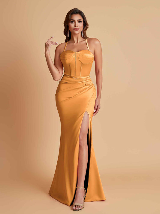 Sexy Soft Satin Mermaid Spaghetti Straps Side Slit Floor-Length Bridesmaid Dresses
