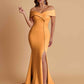 Elegant Soft Satin Mermaid Off Shoulder Side Slit Floor-Length Bridesmaid Dresses