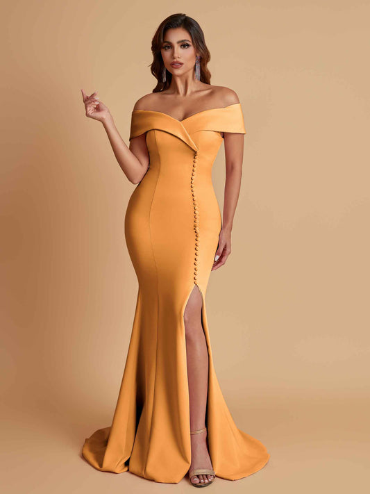 Elegant Soft Satin Mermaid Off Shoulder Side Slit Floor-Length Bridesmaid Dresses