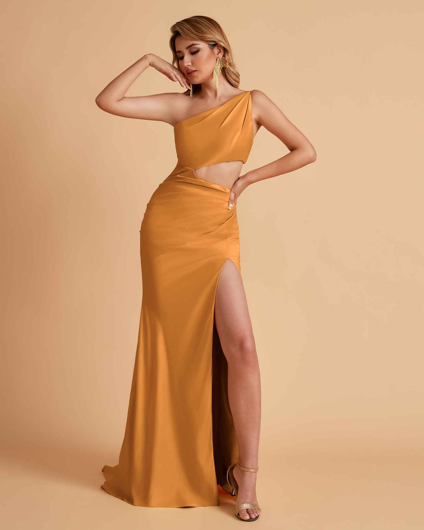 Sexy One-Shoulder Waist Cutout With High Split Floor-Length Bridesmaid Dresses