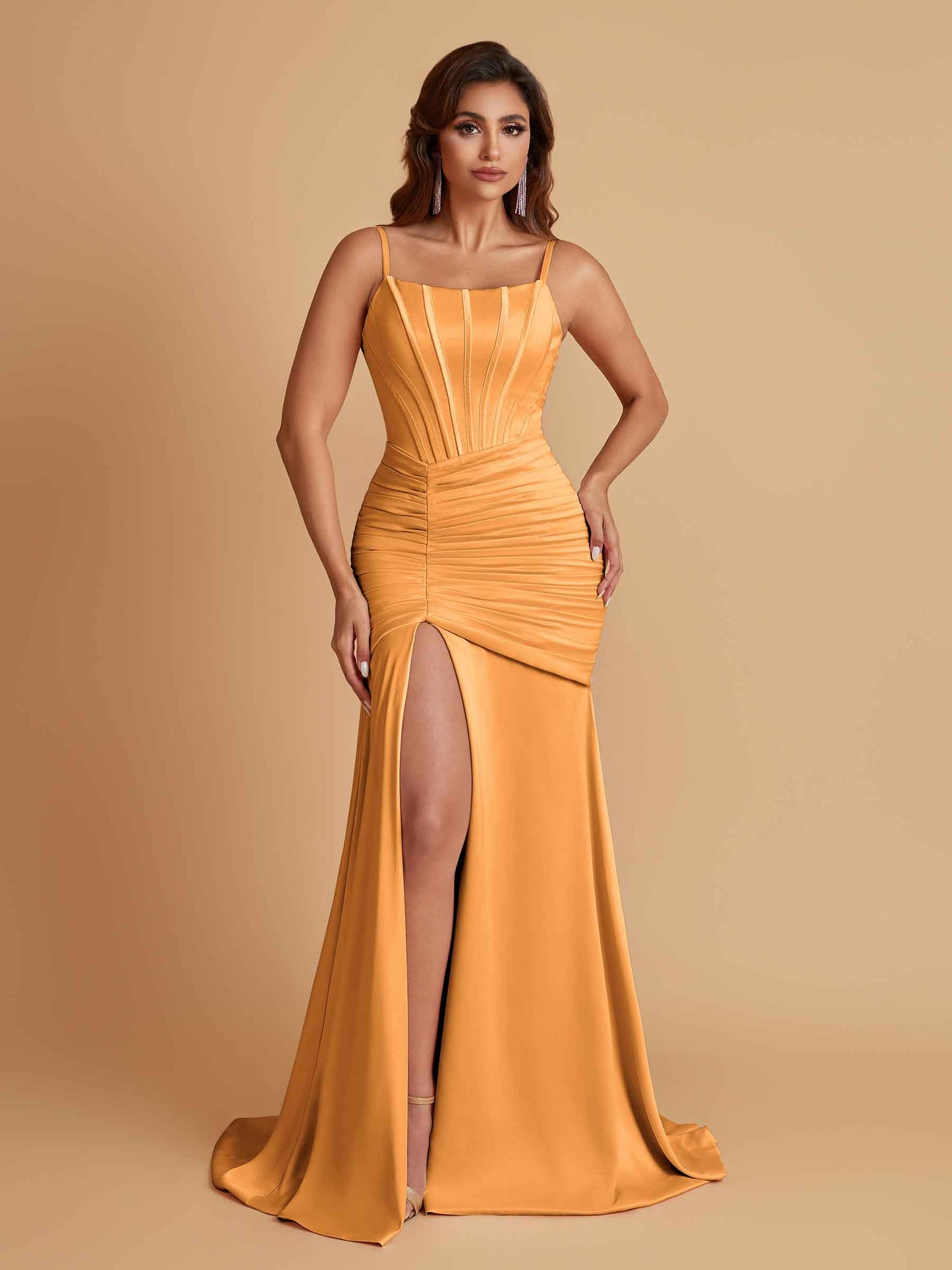Sexy Soft Satin Mermaid Spaghetti Straps Side Slit Floor-Length Bridesmaid Dresses