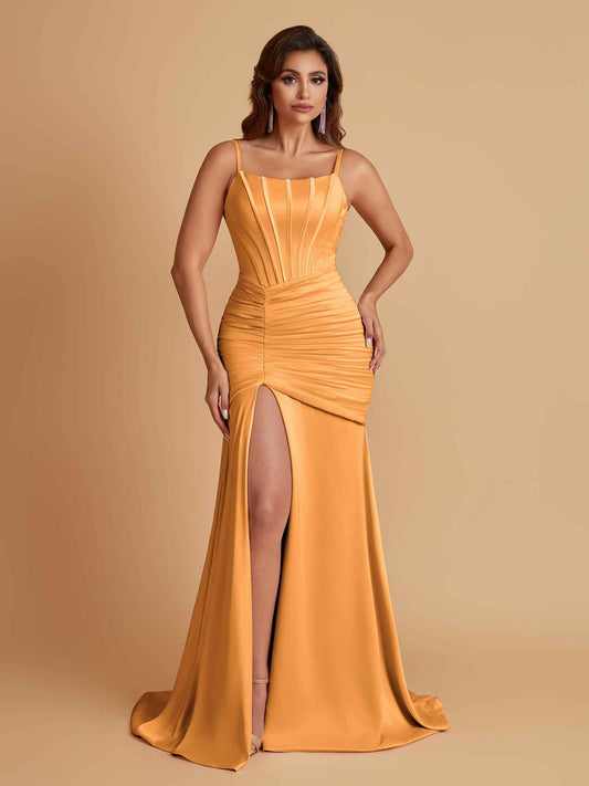 Sexy Soft Satin Mermaid Spaghetti Straps Side Slit Floor-Length Bridesmaid Dresses