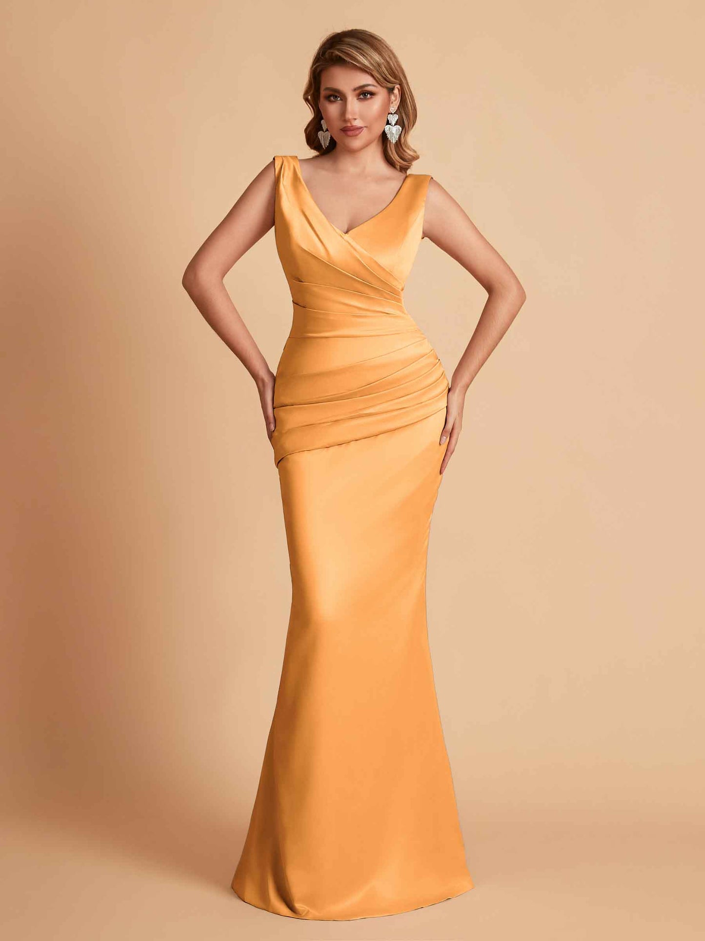 Elegant Satin V-neck Sleeveless Mermaid Floor Length Bridesmaid Dresses