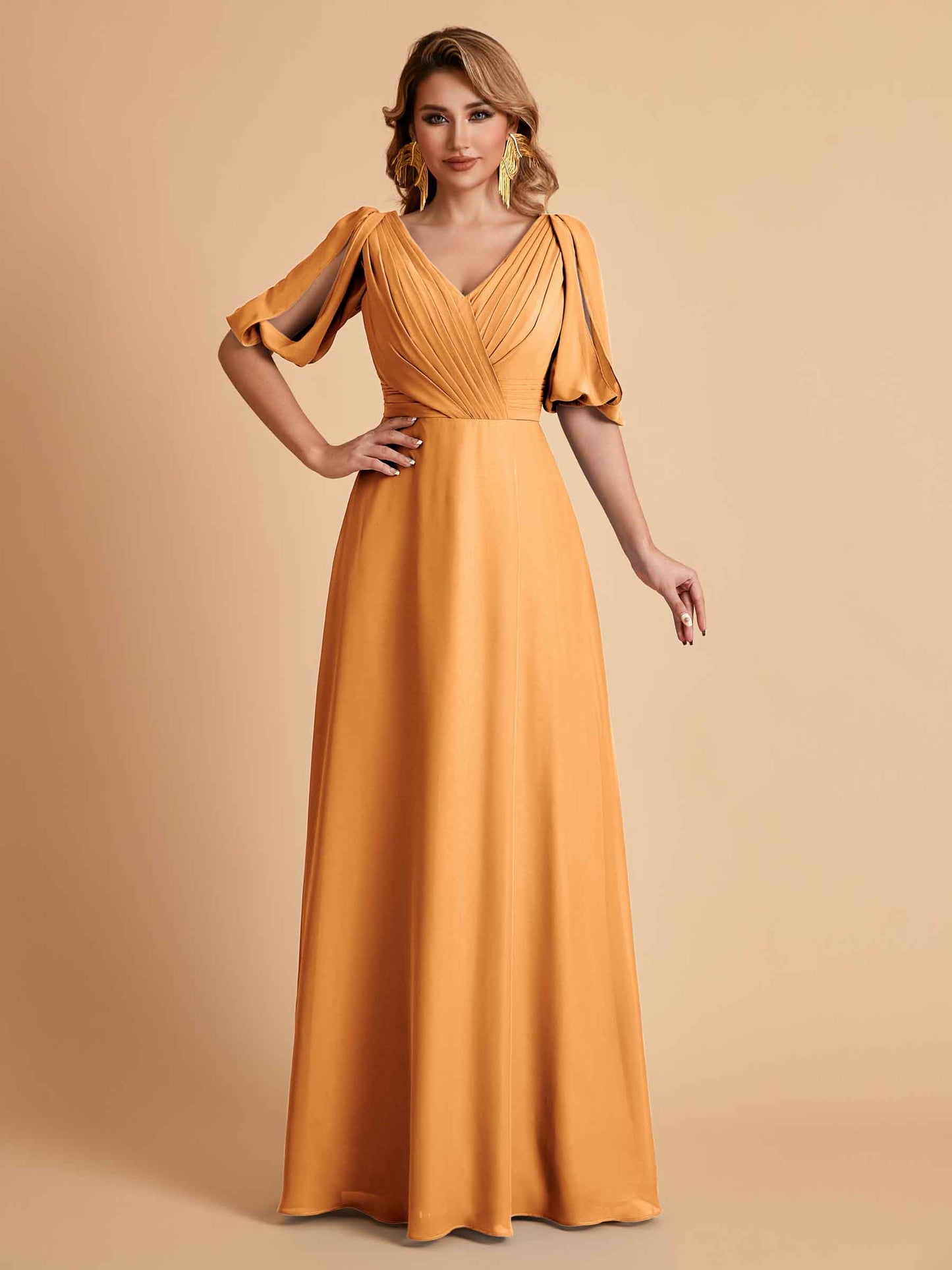 Elegant A-Line Chiffon Half Sleeves V-Neck Mother of the Brides Dresses Online