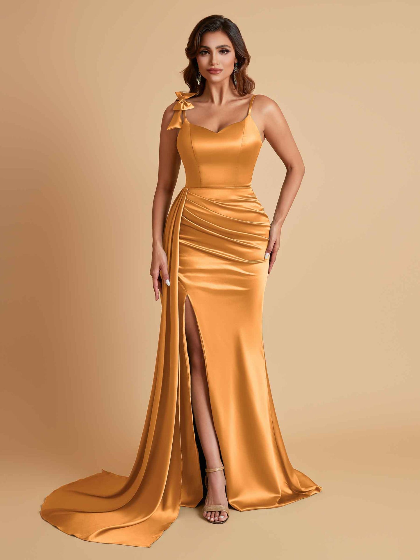 Elegant Soft Satin Mermaid Bowknot Floor-Length Mermaid Bridesmaid Dresses