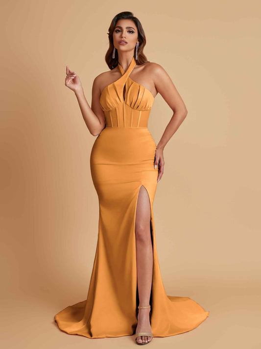 Elegant Soft Satin Mermaid Halter Side Slit Floor-Length Bridesmaid Dresses Online