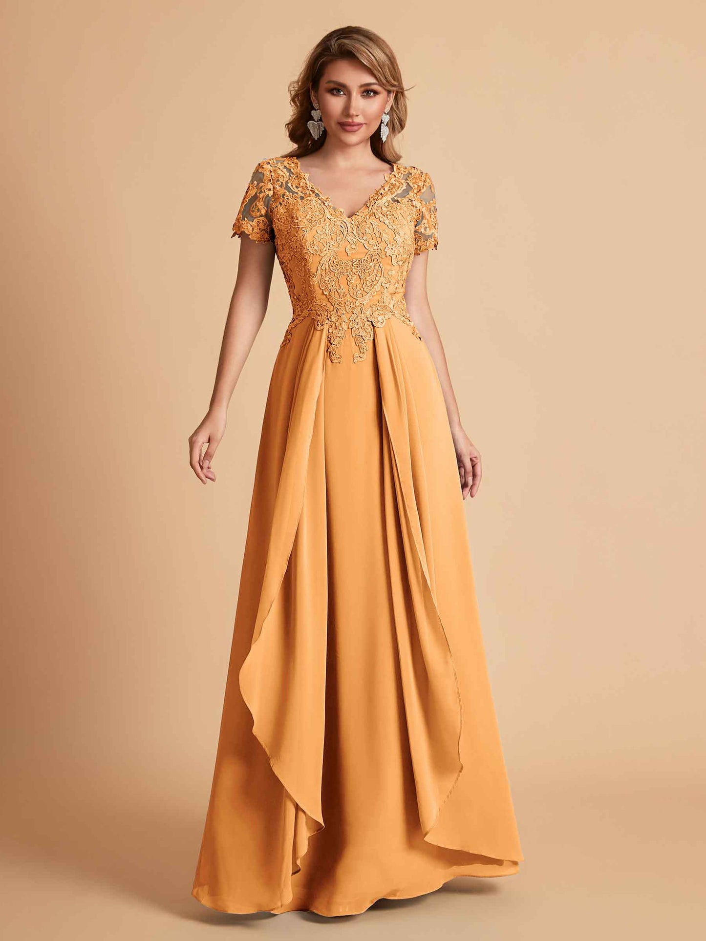 Elegant A-Line Chiffon Short Sleeves V-neck Mother of the Brides Dresses Lace Top MOB Dresses