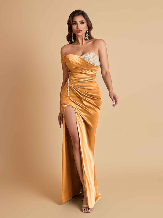 Sexy Soft Satin Mermaid One Shoulder Side Slit Floor-Length Mermaid Bridesmaid Dresses