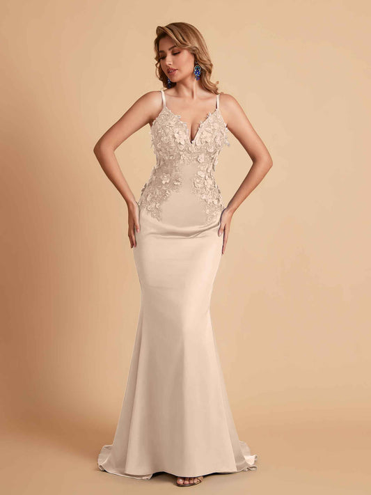 Sexy Satin Spaghetti Straps V-neck Mermaid Floor Length Applique Bridesmaid Dresses