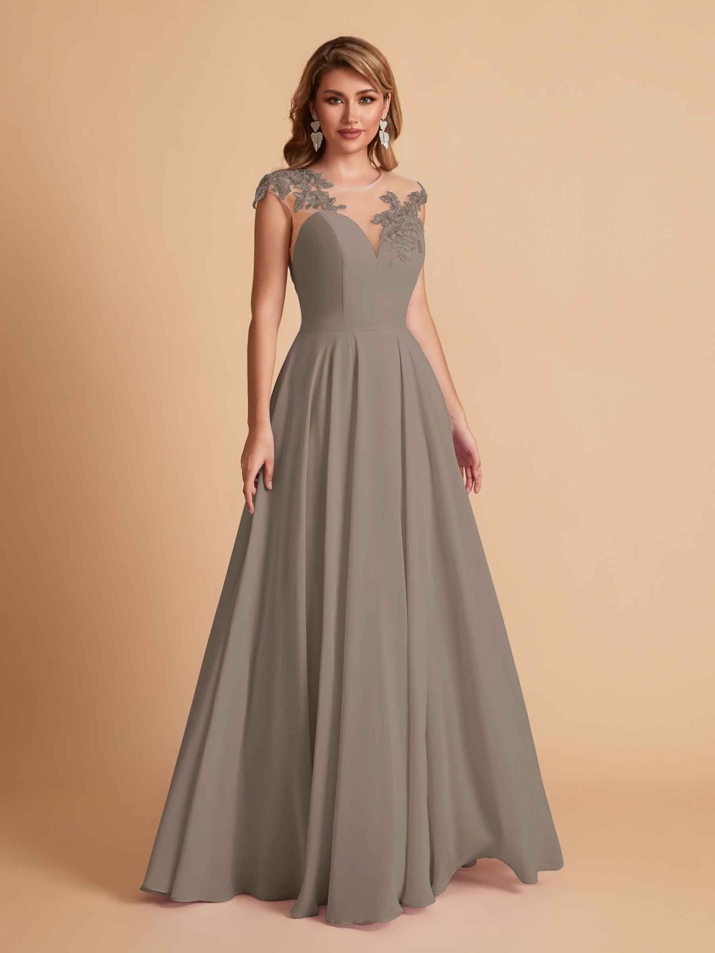 Chiffon Illusion Lace Top A-line Bridesmaid Dresses V-neck Floor Length Wedding Guest Dresses