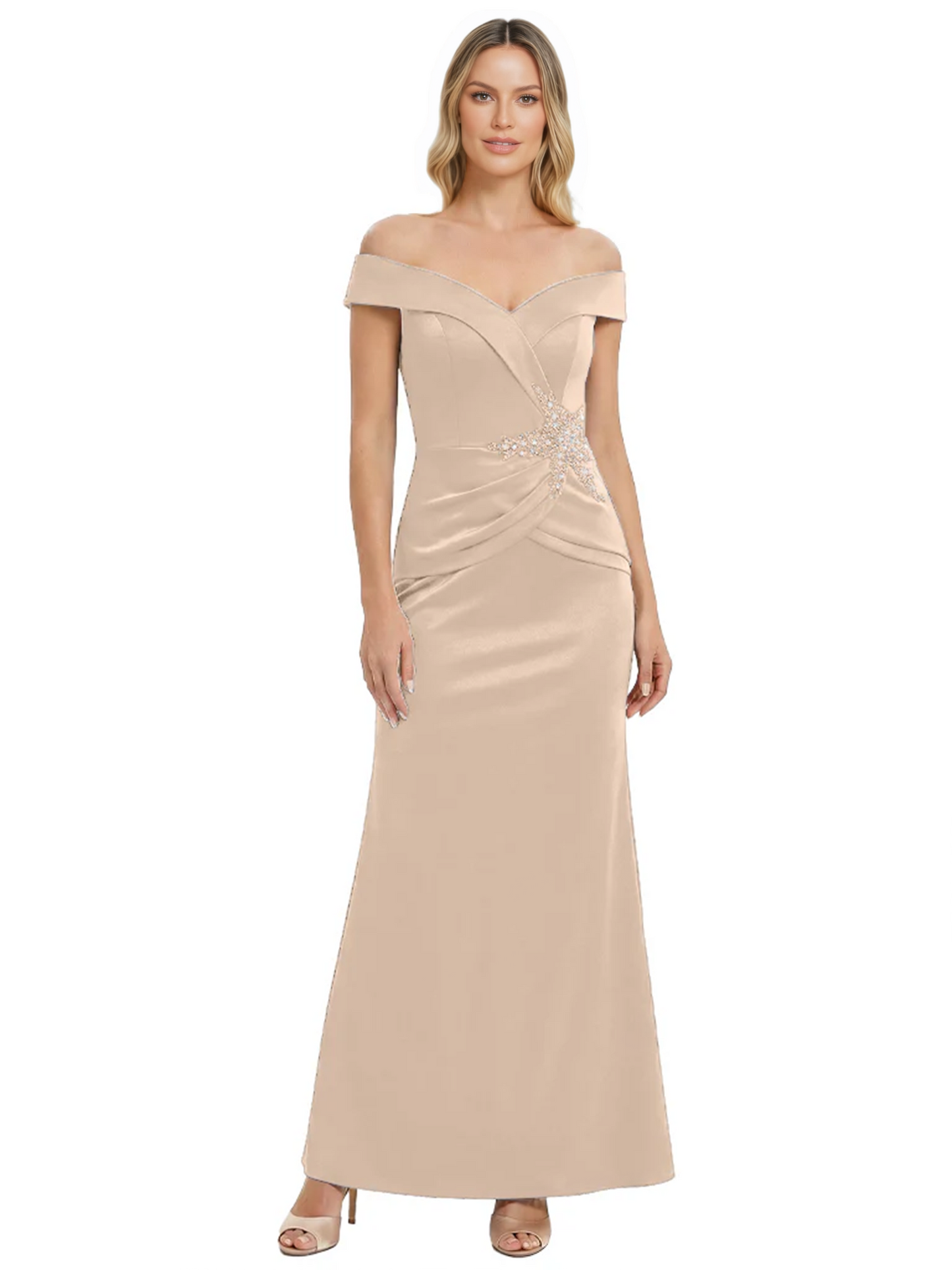 Off Shoulder Mother of the Bride Dress Beaded Waist Satin Gown Portrait Neckline
