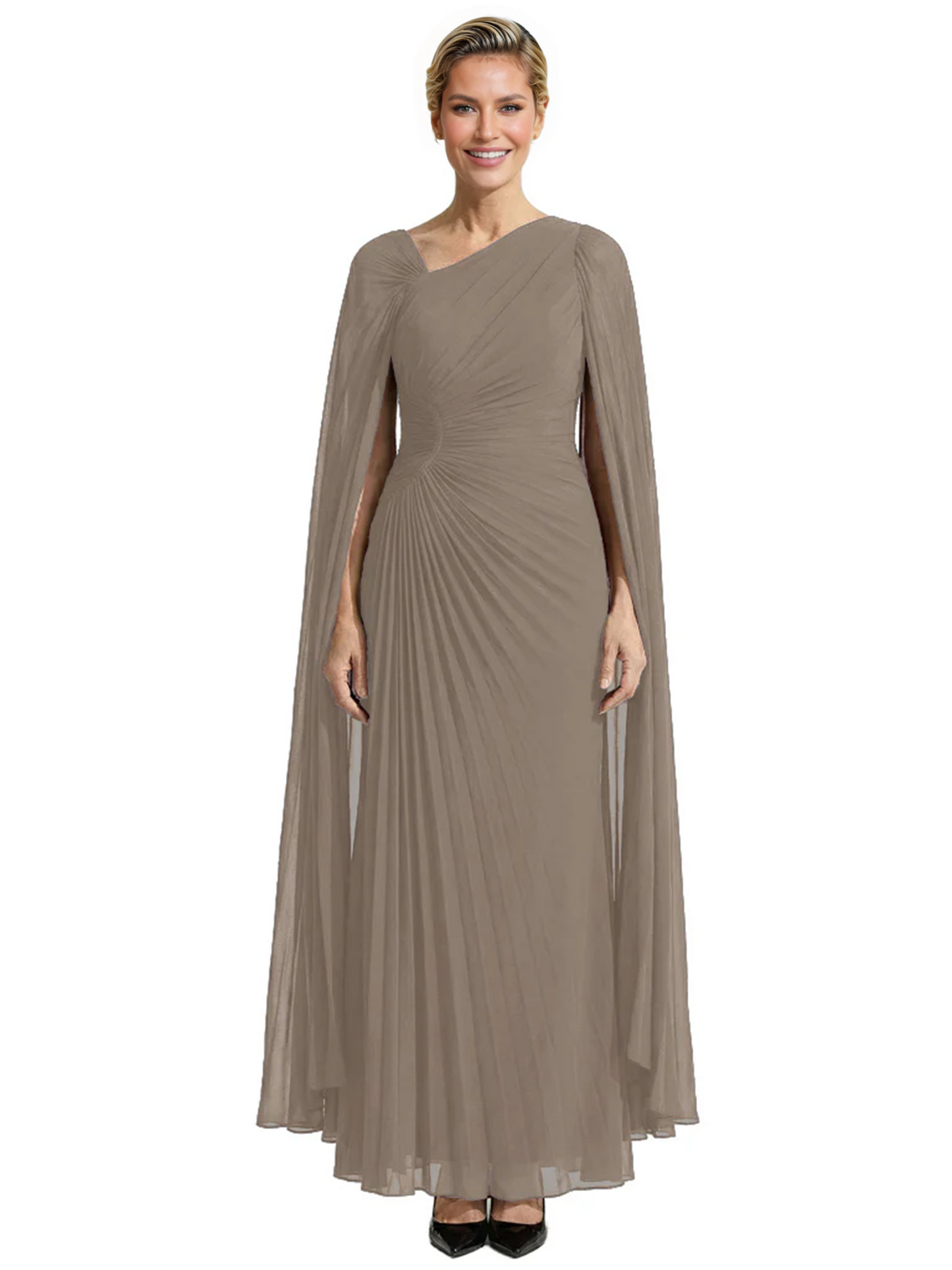 Elegant Asymmetric Neck Long A-Line Chiffon Mother of the Brides Dresses Mom Outfit with Cape