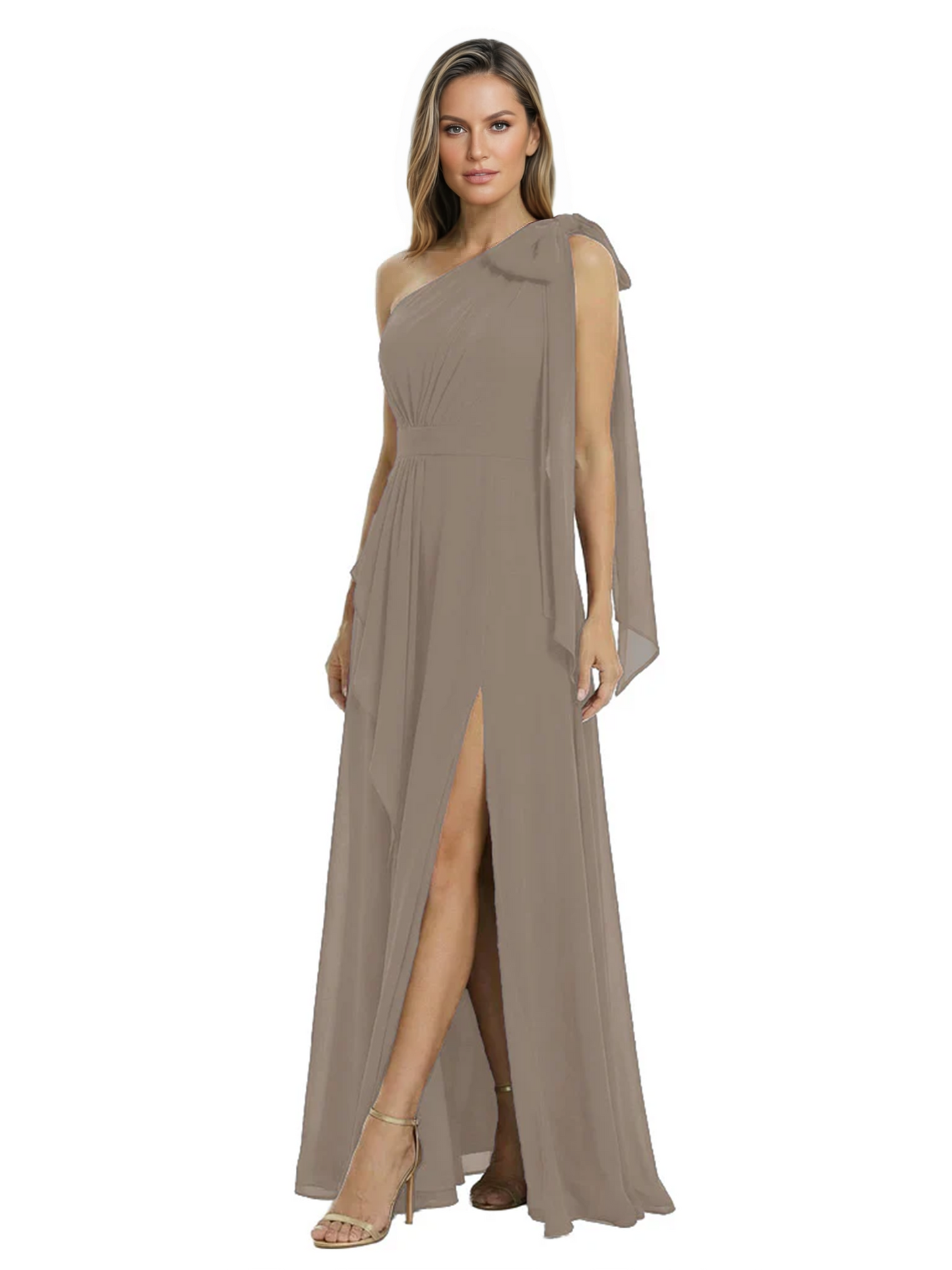 One-Shoulder Mother of the Bride Dress Chiffon Gown with Long Sash Detail
