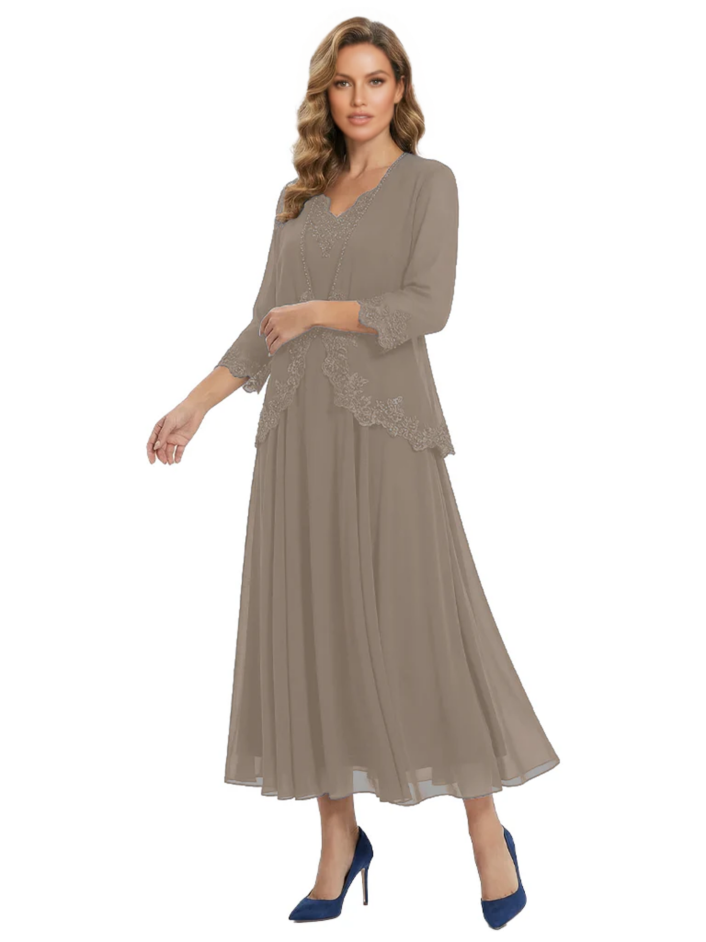 3/4 Sleeve Chiffon Mother of the Brides Dresses V-Neck Wedding Party Gowns