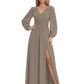 A-Line Mother of Bride Dress V-Neck Chiffon Gown Long Sleeves Slit Formal Dress