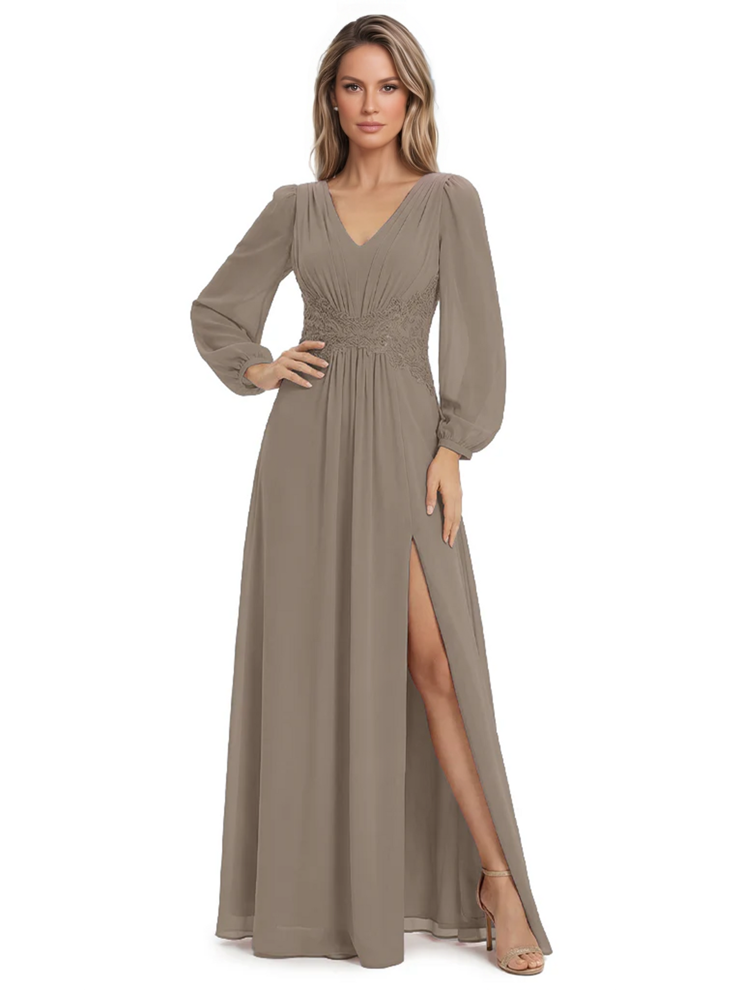 A-Line Mother of Bride Dress V-Neck Chiffon Gown Long Sleeves Slit Formal Dress