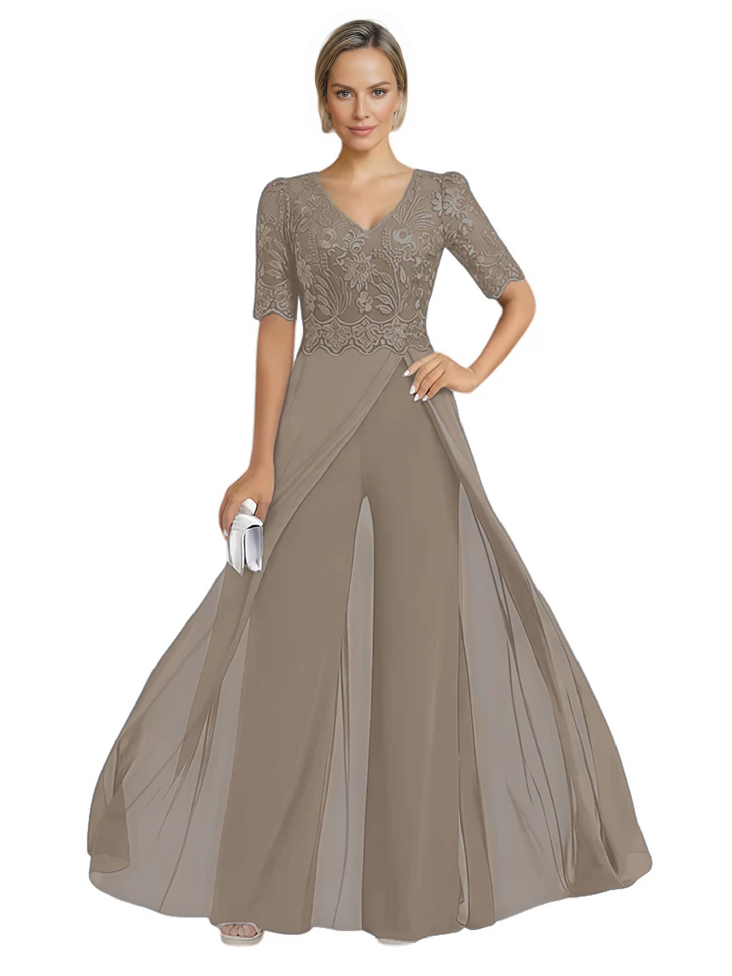 V-Neck Chiffon Mother of the Brides Jumpsuits Dresses Floor Length A-Line Lace