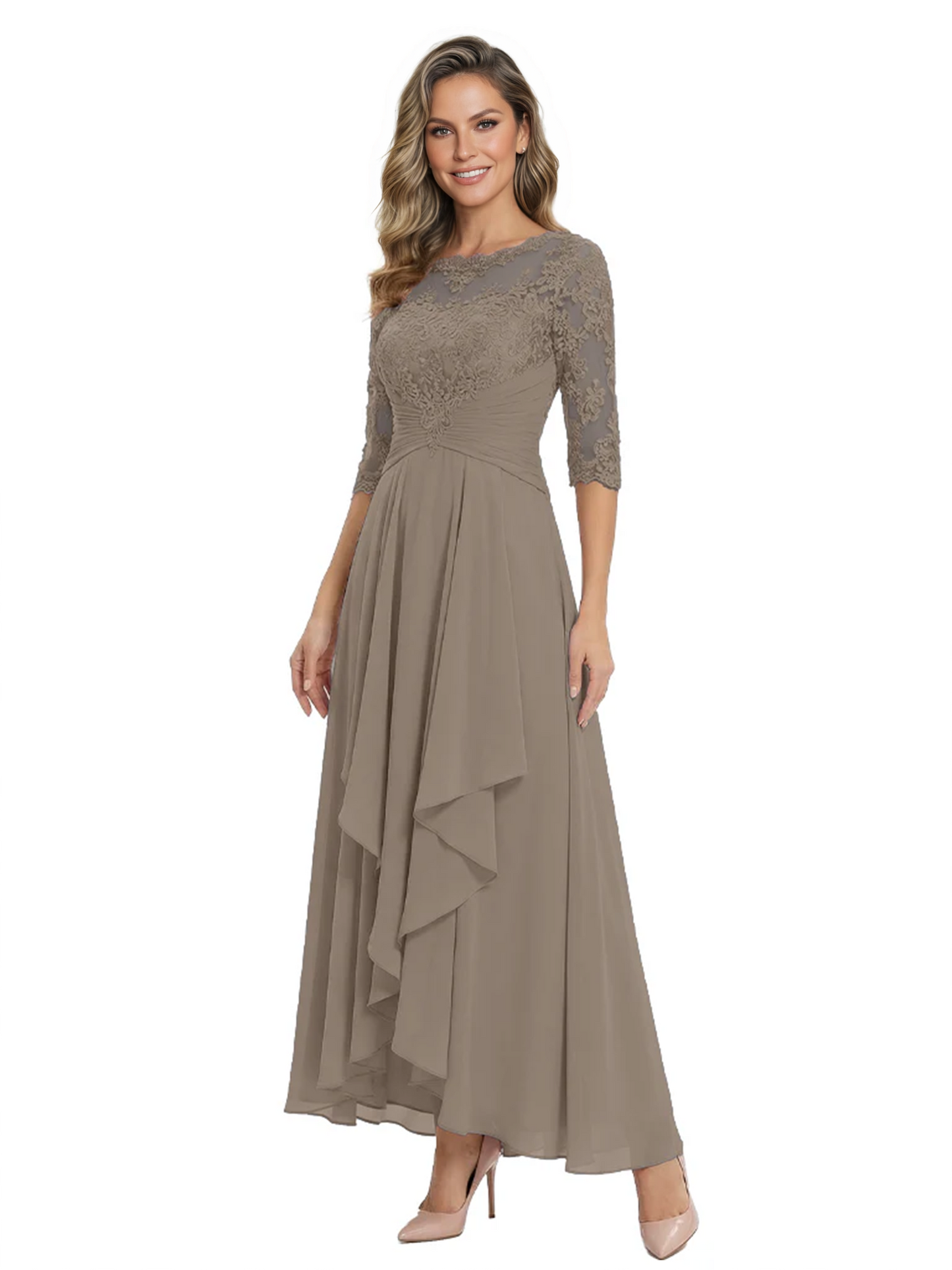 3/4 Sleeve Mother of the Bride Dress with Lace Embroidery High-Low Hem 2026