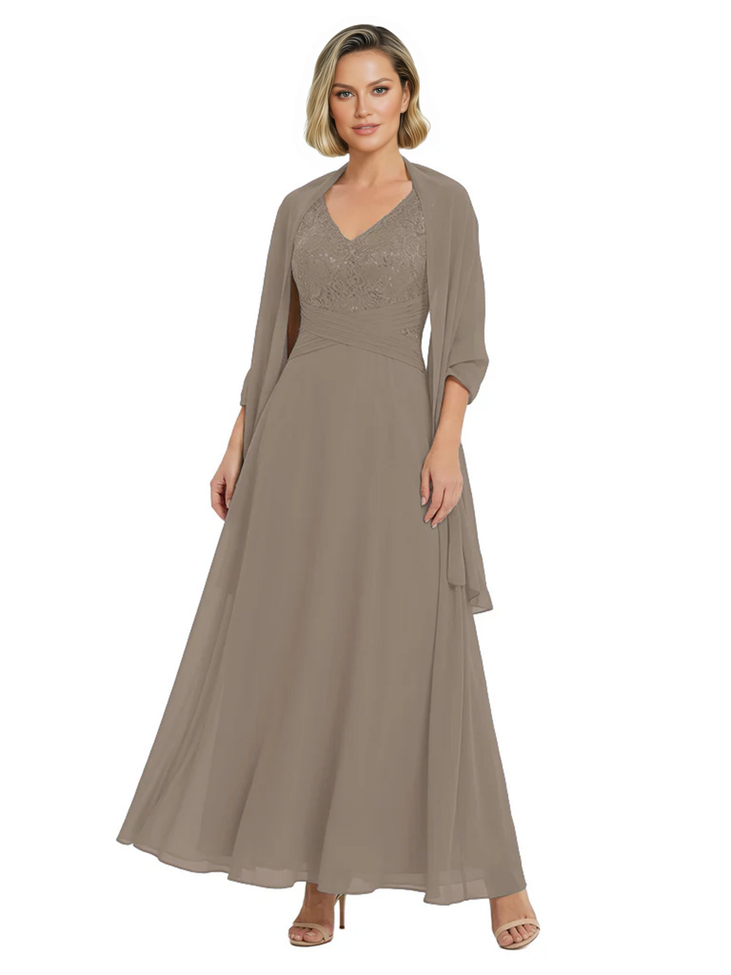 Luxury Formal Mother of Bride Dress Sparkling Sequin Top & Flowy Chiffon Skirt with Shawl