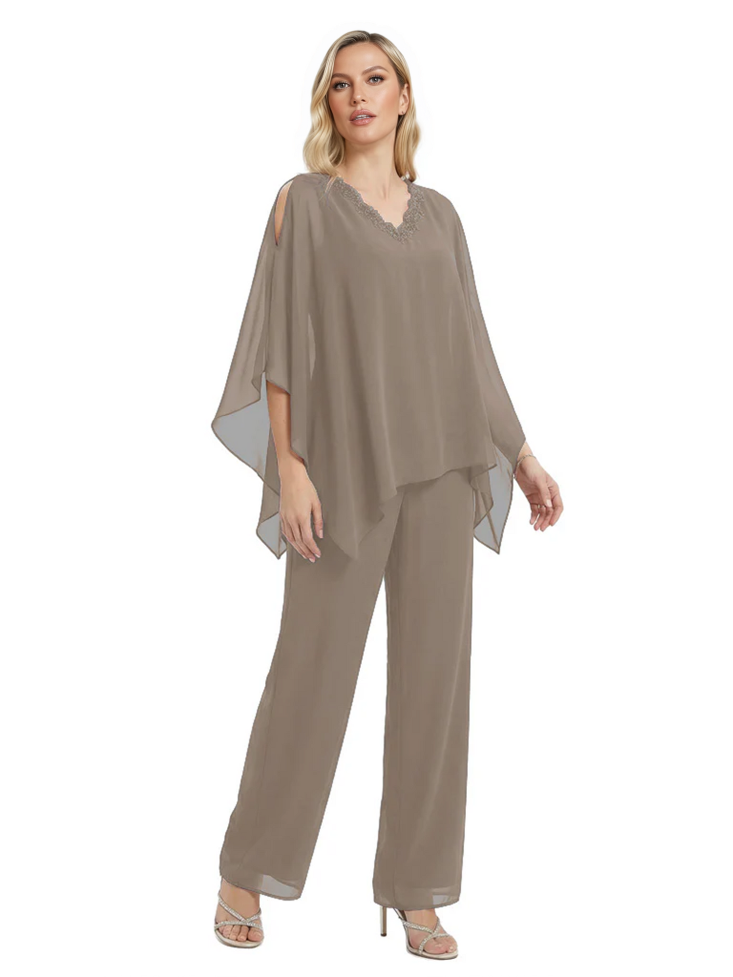 V-Neck Chiffon Mother of the Brides Dresses Plus Size Jacket Suits Wedding