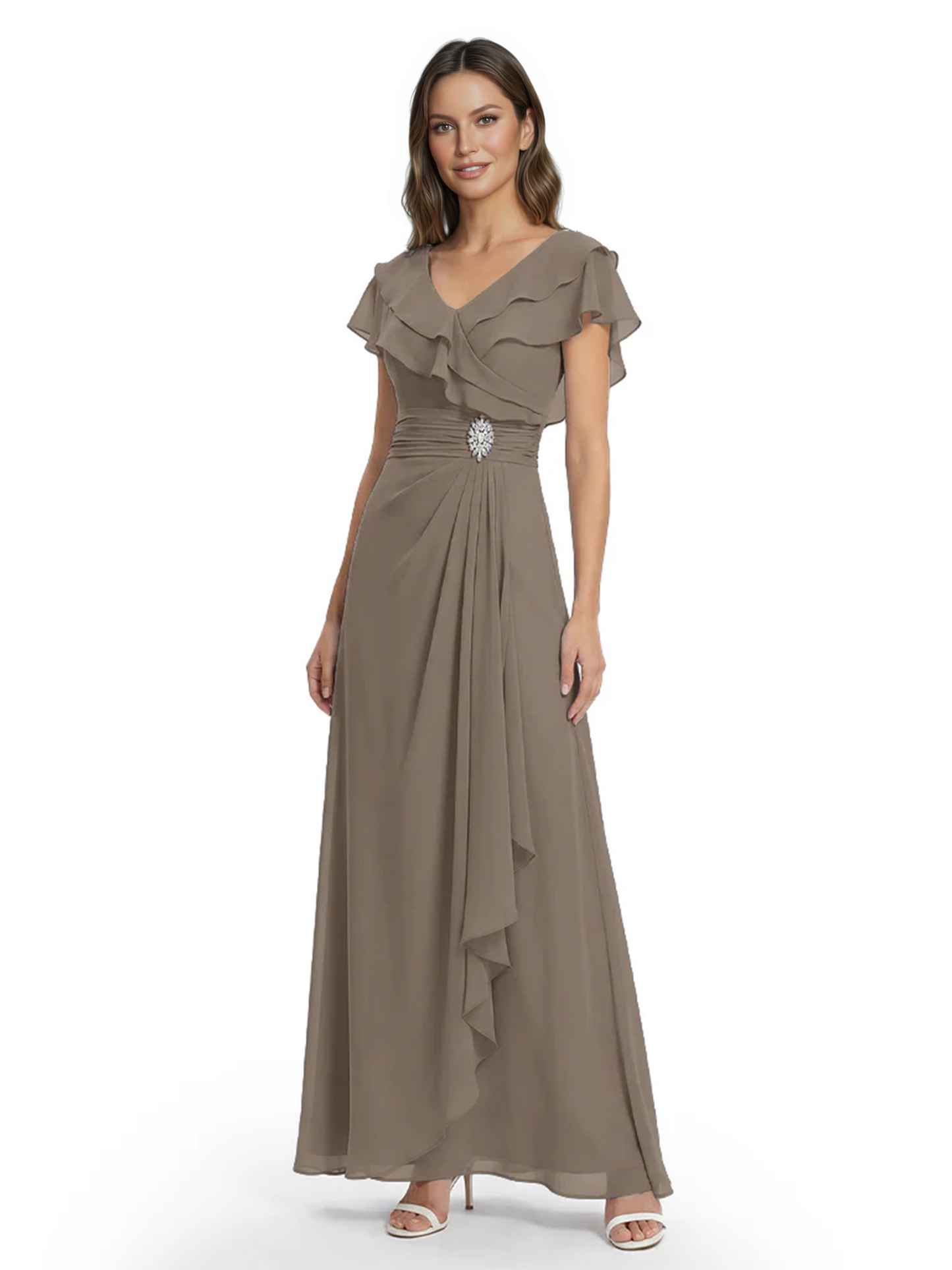 Elegant Mother of the Groom Dress Cascading Ruffle Chiffon Formal Gown Rhinestone