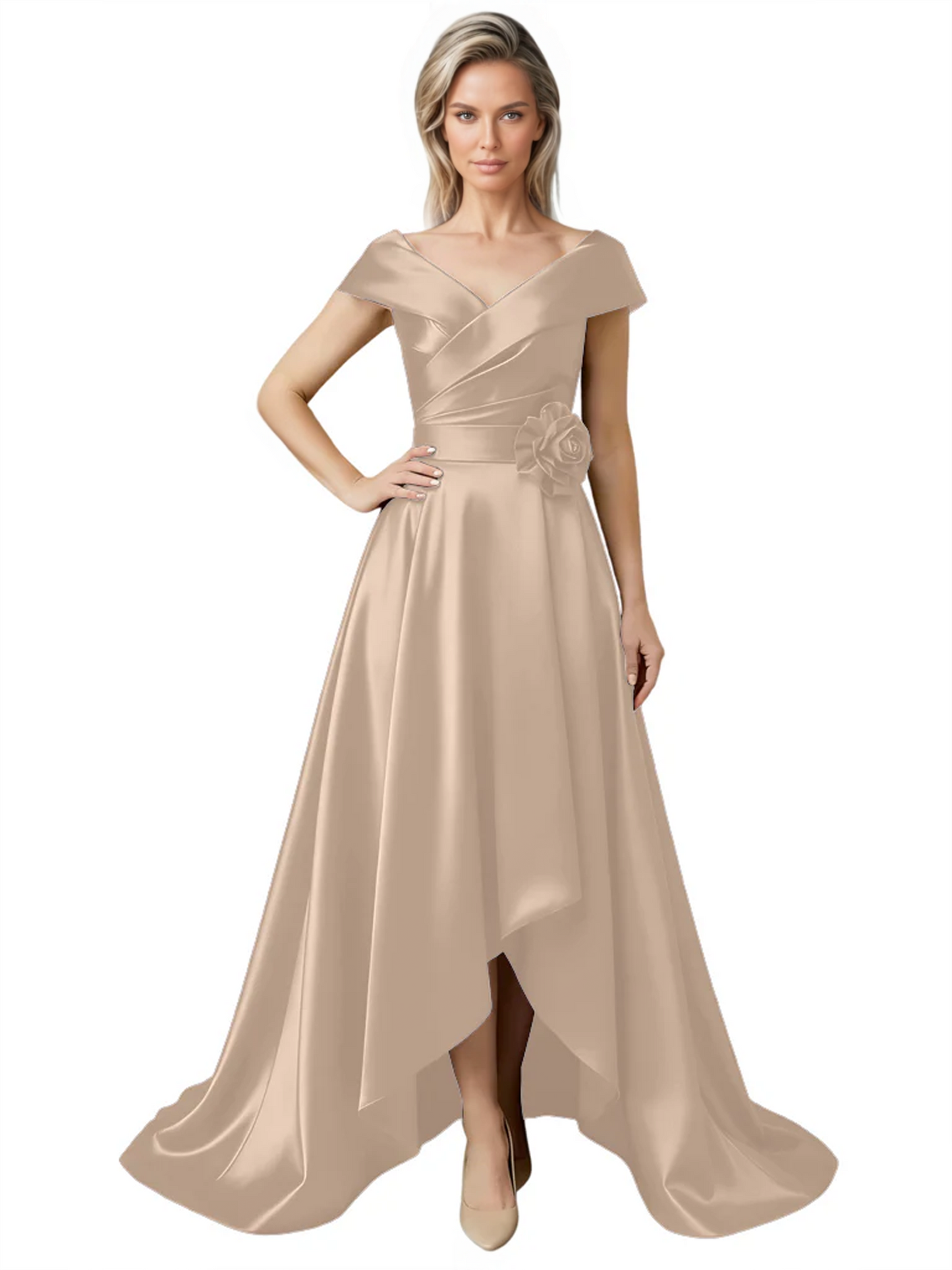 Off Shoulder Mother of the Bride Dress High-Low Satin Gown with Portrait Neckline