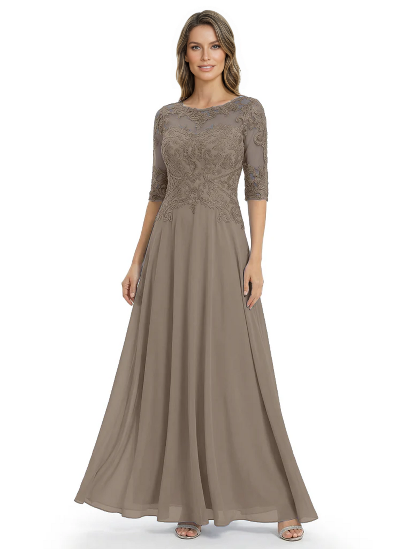 Illusion Neck Mother of the Bride Dress Half Sleeve Lace Applique Gowns Chiffon