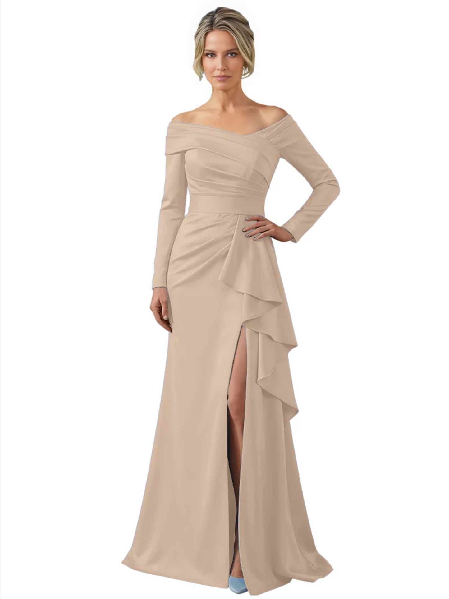Elegant Mother of the Groom Dress Cascading Ruffle Satin Gown with High Slit Long Sleeves