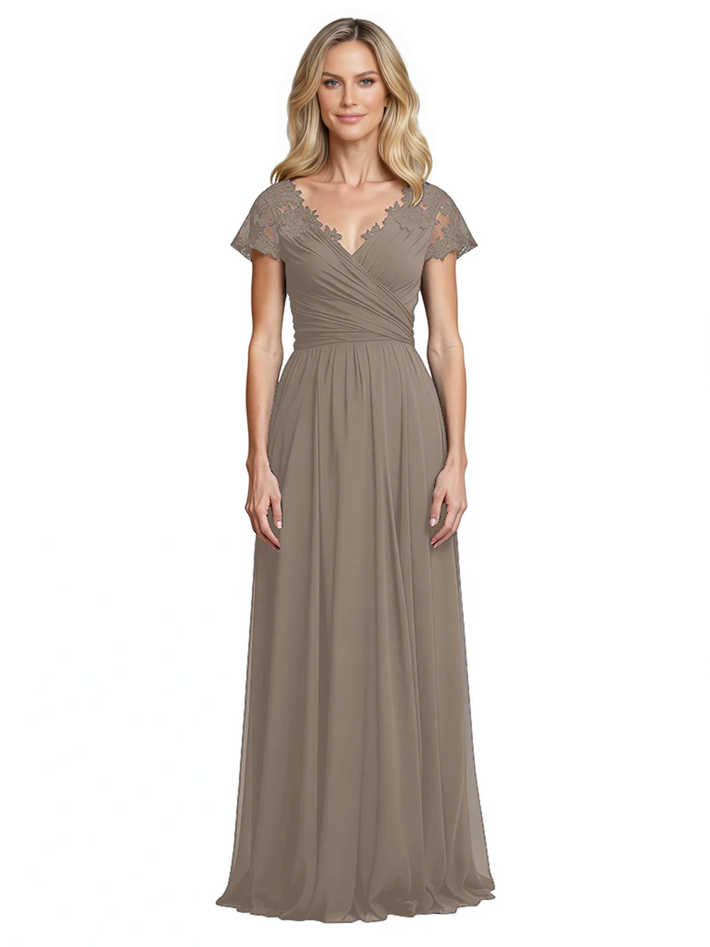 Mother of the Bride Dress Cap Sleeves and V-Neckline with Embroidered Lace Shoulders