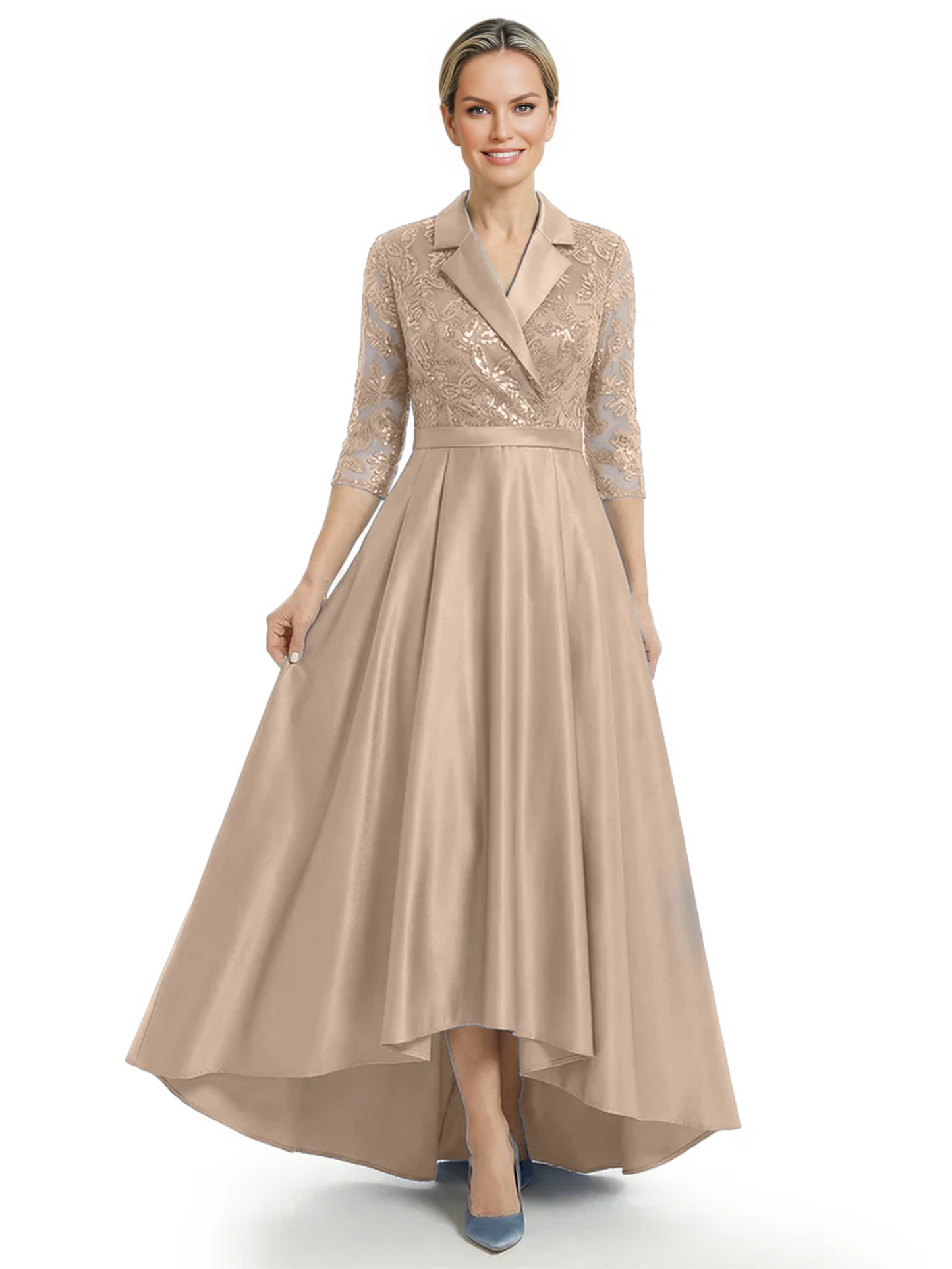 Elegant Mother of Bride Dress Evening Gowns Trending Styles with Lapel Collar 3/4 Sleeves