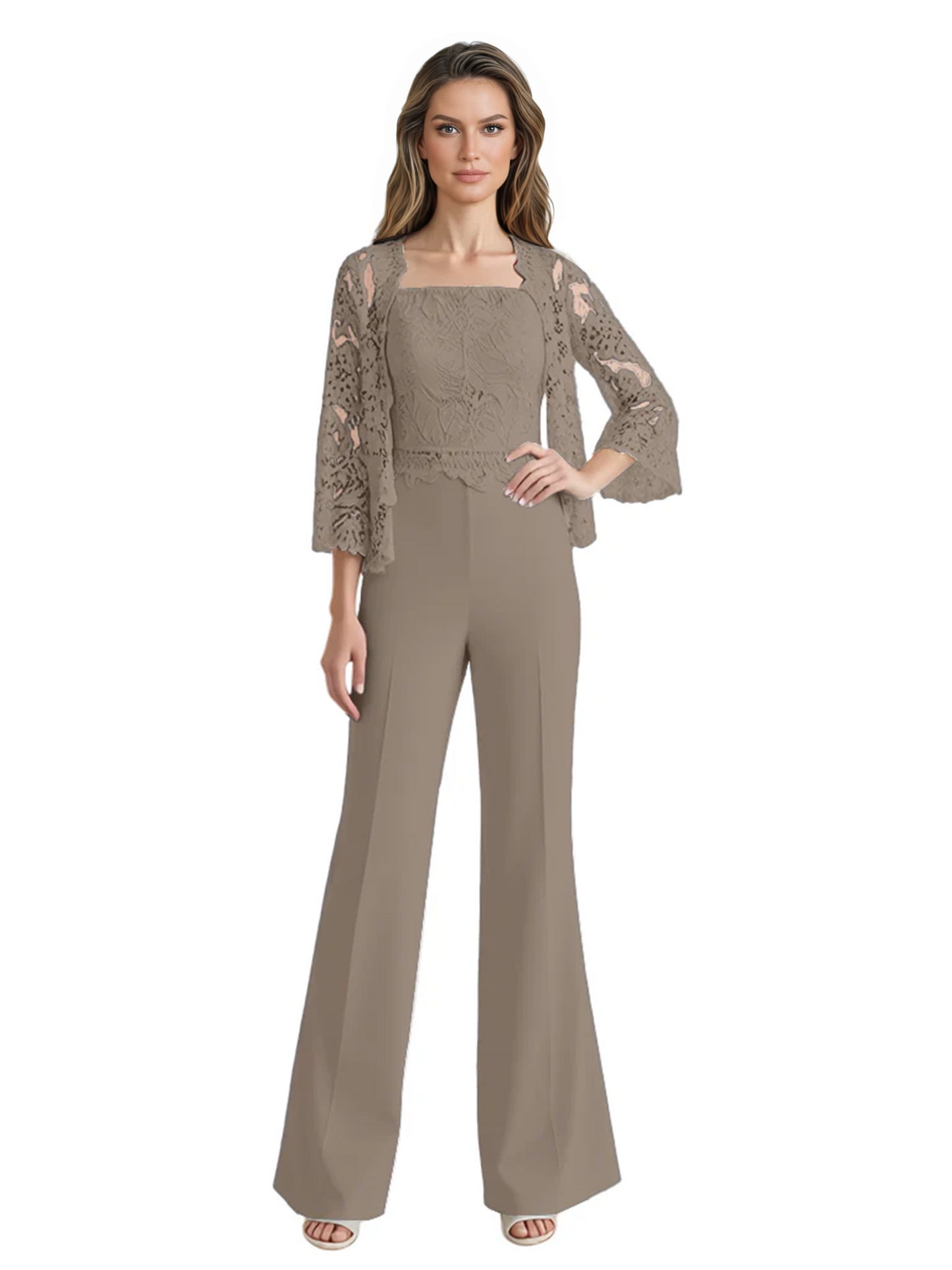 Mother of the Bride Jumpsuit with Lace Jacket 3/4 Sleeve Formal Pant Suit