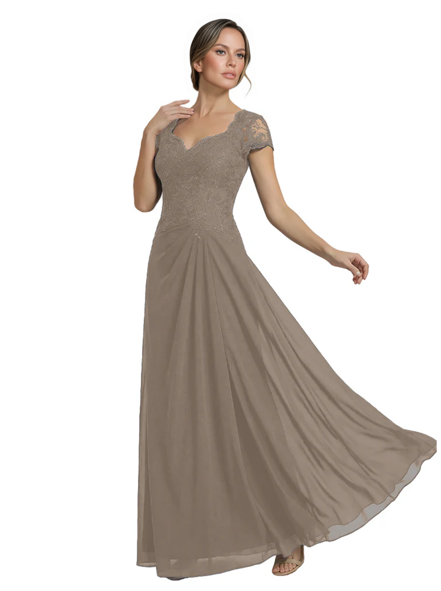 Long A-line Chiffon Short Sleeves Mother of the Brides Dresses Lace Wedding