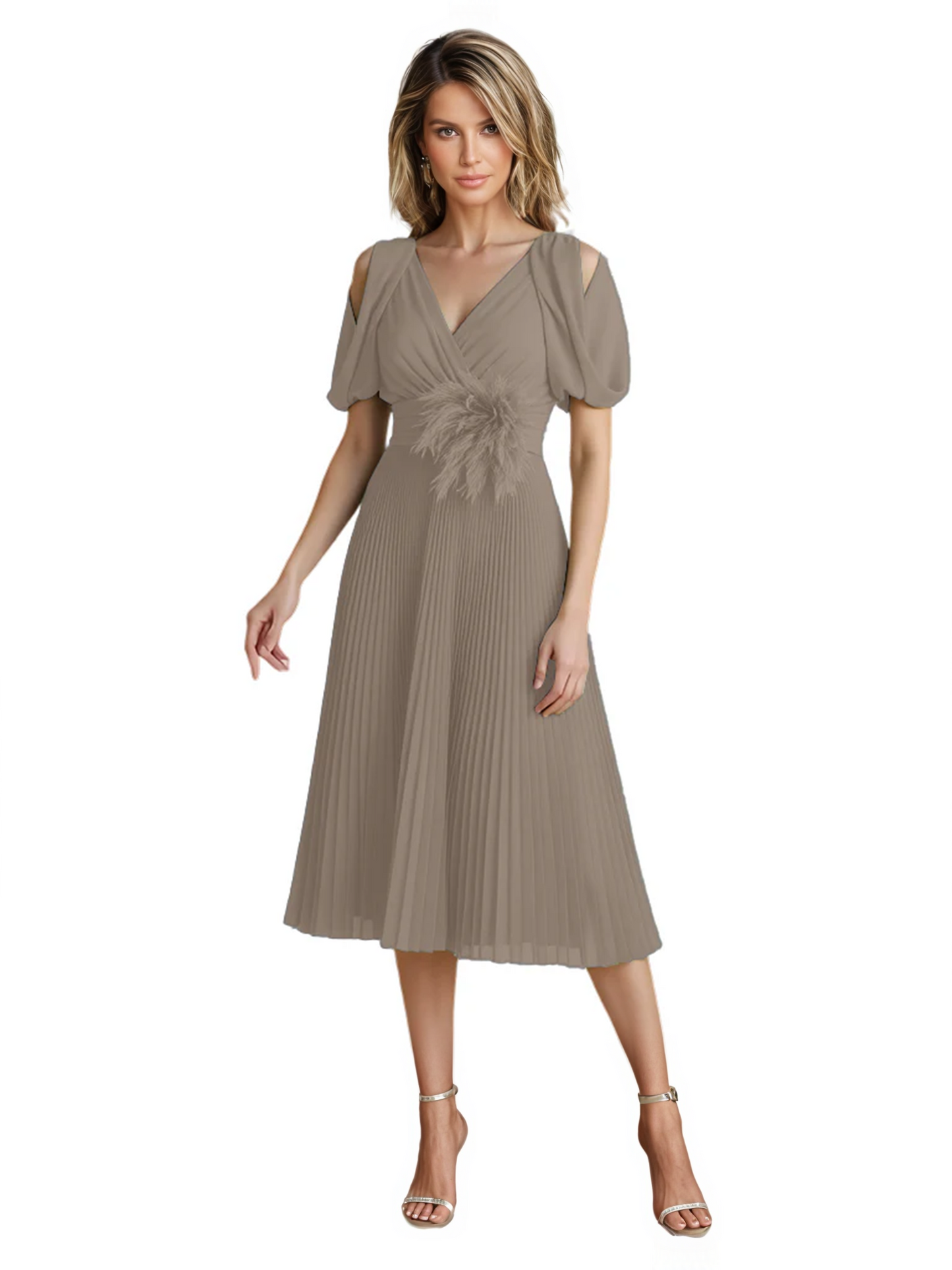 Wedding Formal Dress V-Neck Pleated Chiffon Gown with 3D Flower Accent Knee Length