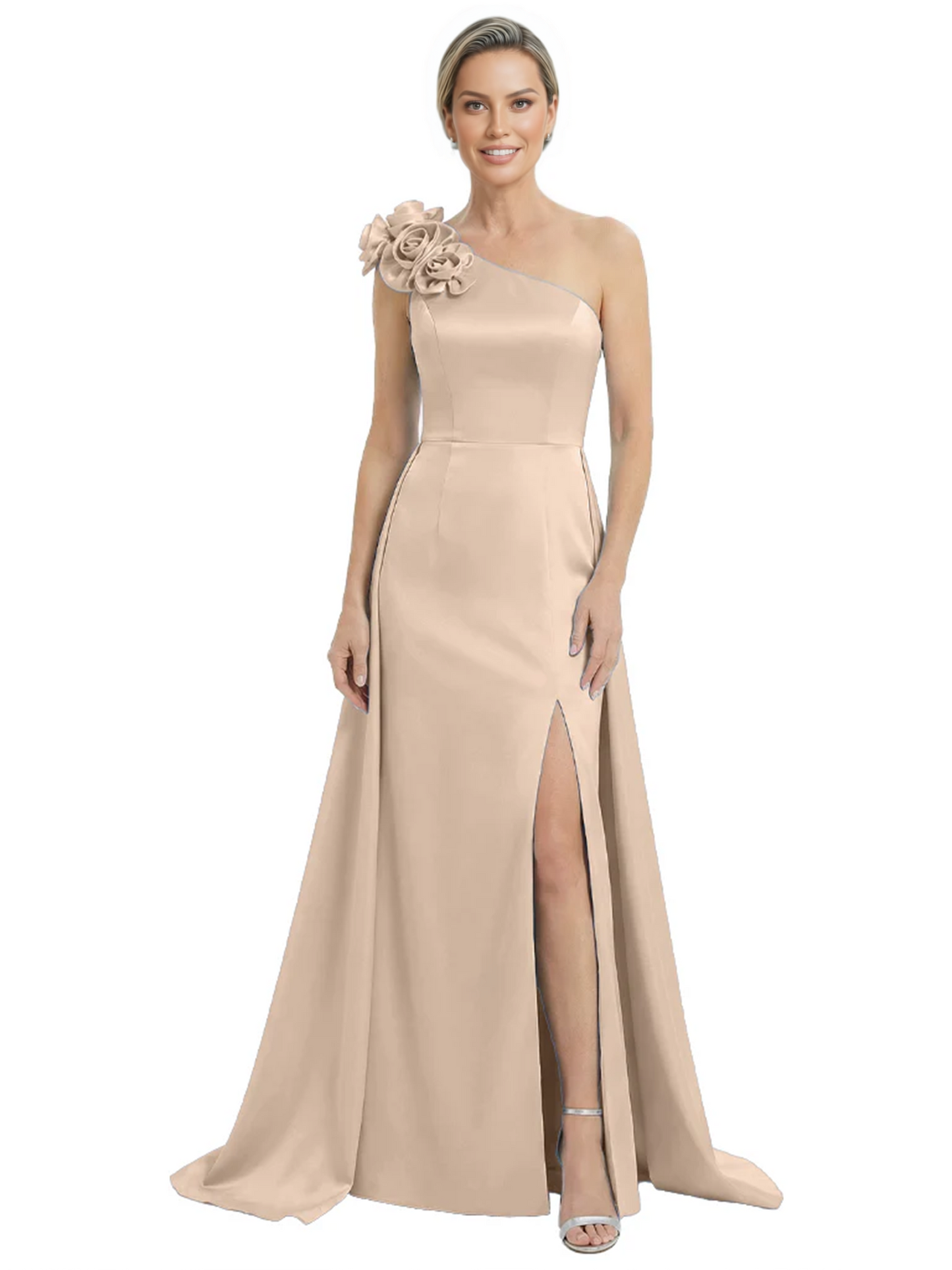One Shoulder Mother of the Bride Dress with 3D Floral Detail Formal Dress A-Line Gowns with Slit