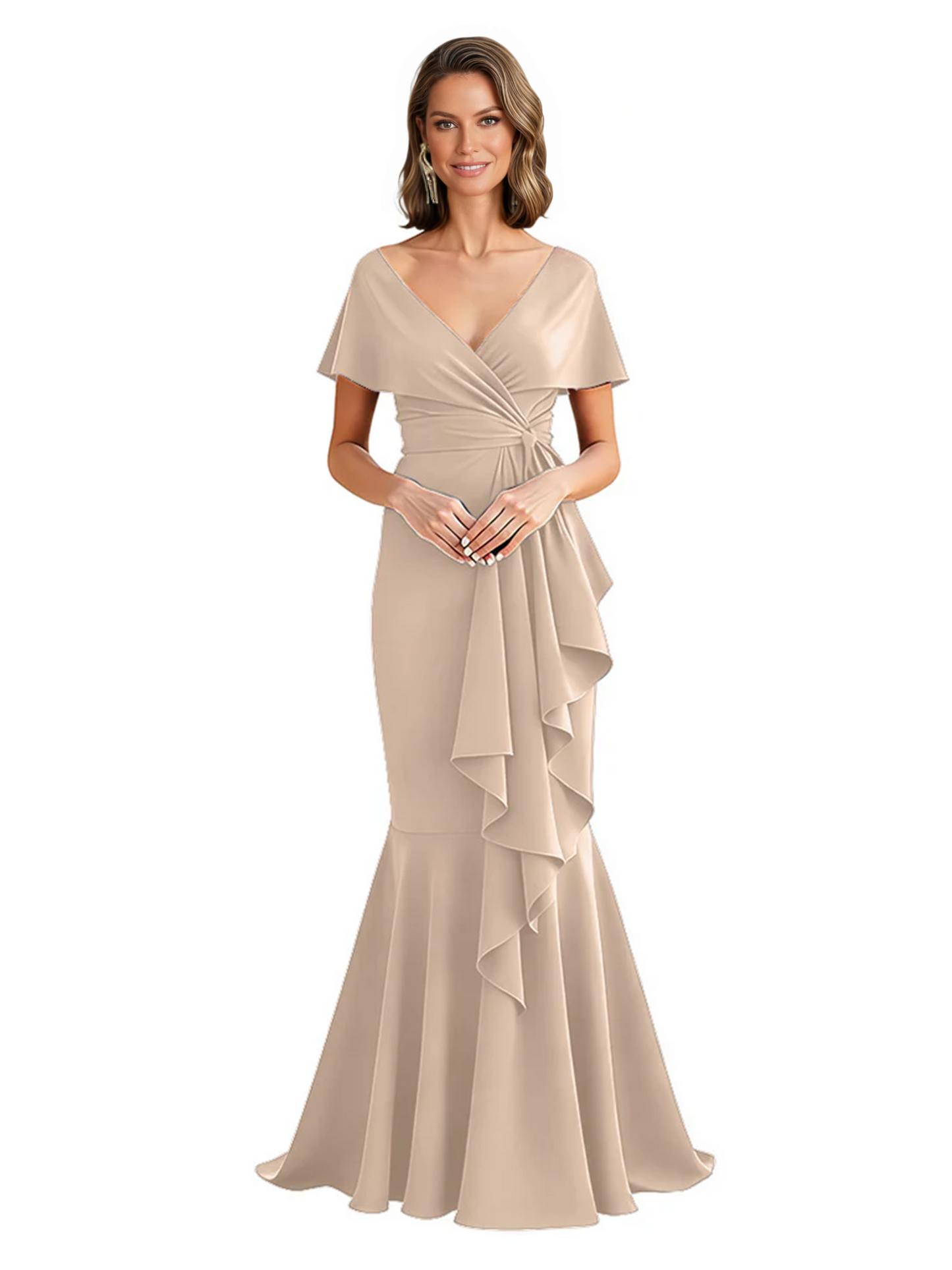 Satin Mother of the Bride Dress with Cascading Ruffles and Mermaid Tail V-Neck